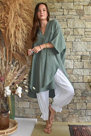 Tasha Cushion Cotton Oversized Shirt Tunic Khaki